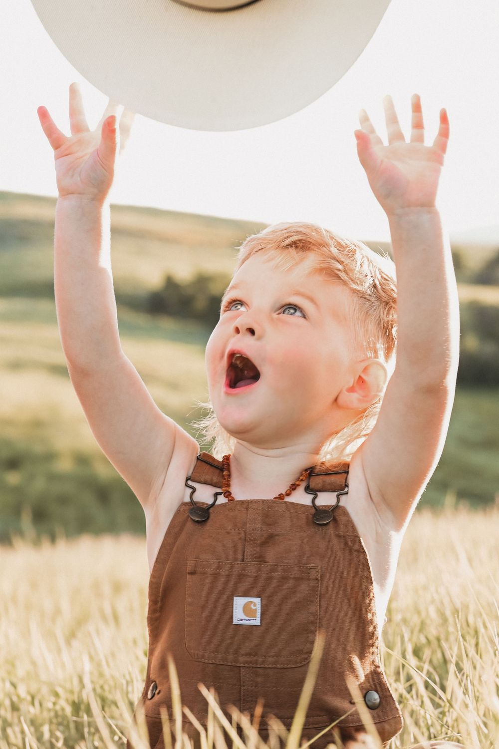Small figure in brown overalls raising arms joyfully in a sunny field.