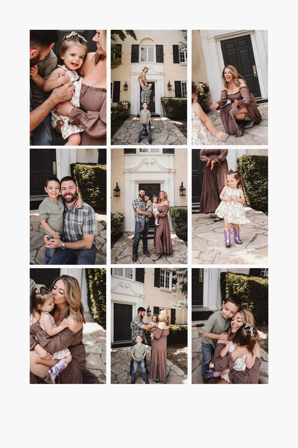A collage of nine family portrait photos featuring parents with young children posed outside an elegant home.