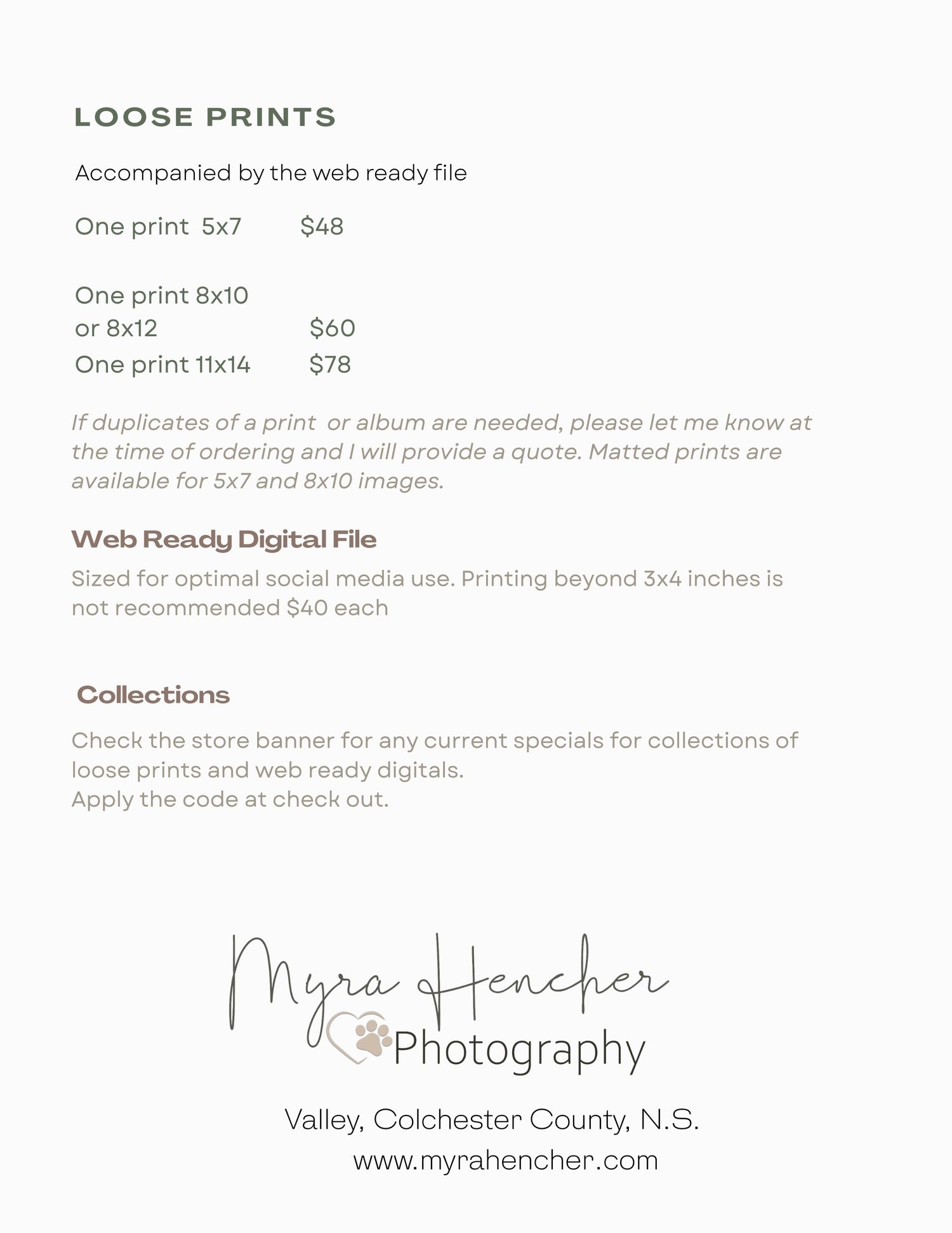 Pricing list for loose prints showing different photo size options in black text with a signature at the bottom.