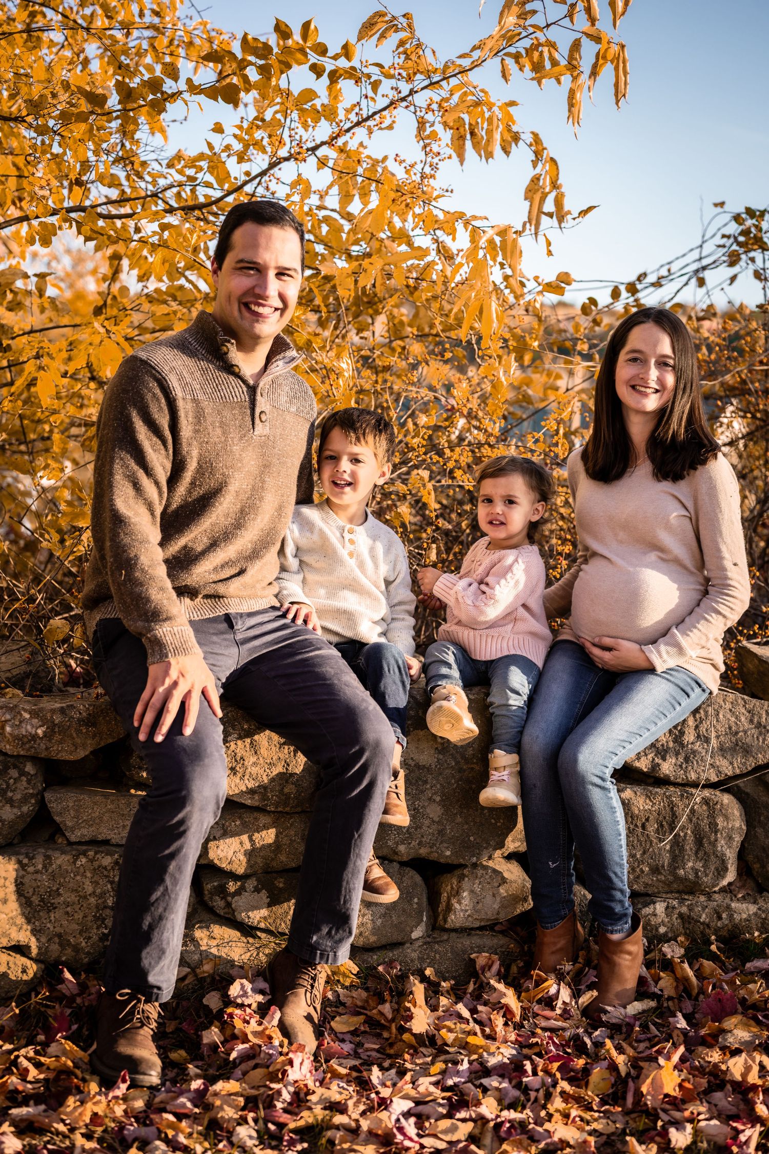 Happy family of four with pregnant mother sitting on a stone wall surrounded by golden fall foliage.