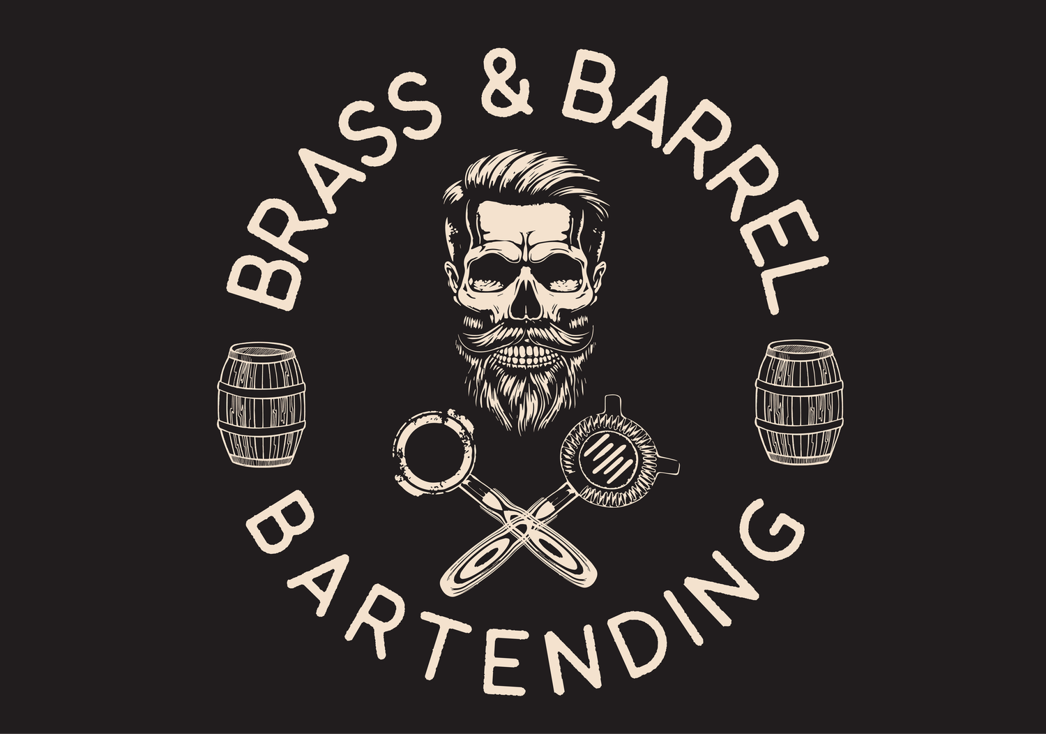 A series of black and white vintage-style barber shop and bartending logos featuring crossed shears and barrels.