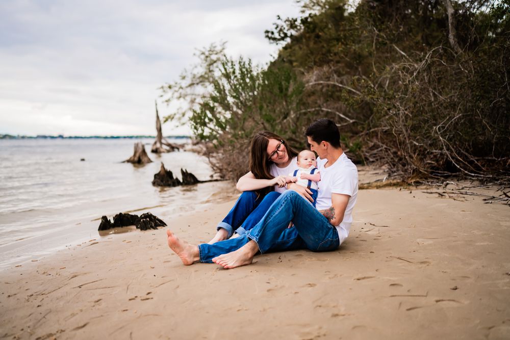 People relaxing on a serene beach surrounded by natural driftwood and coastal vegetation.