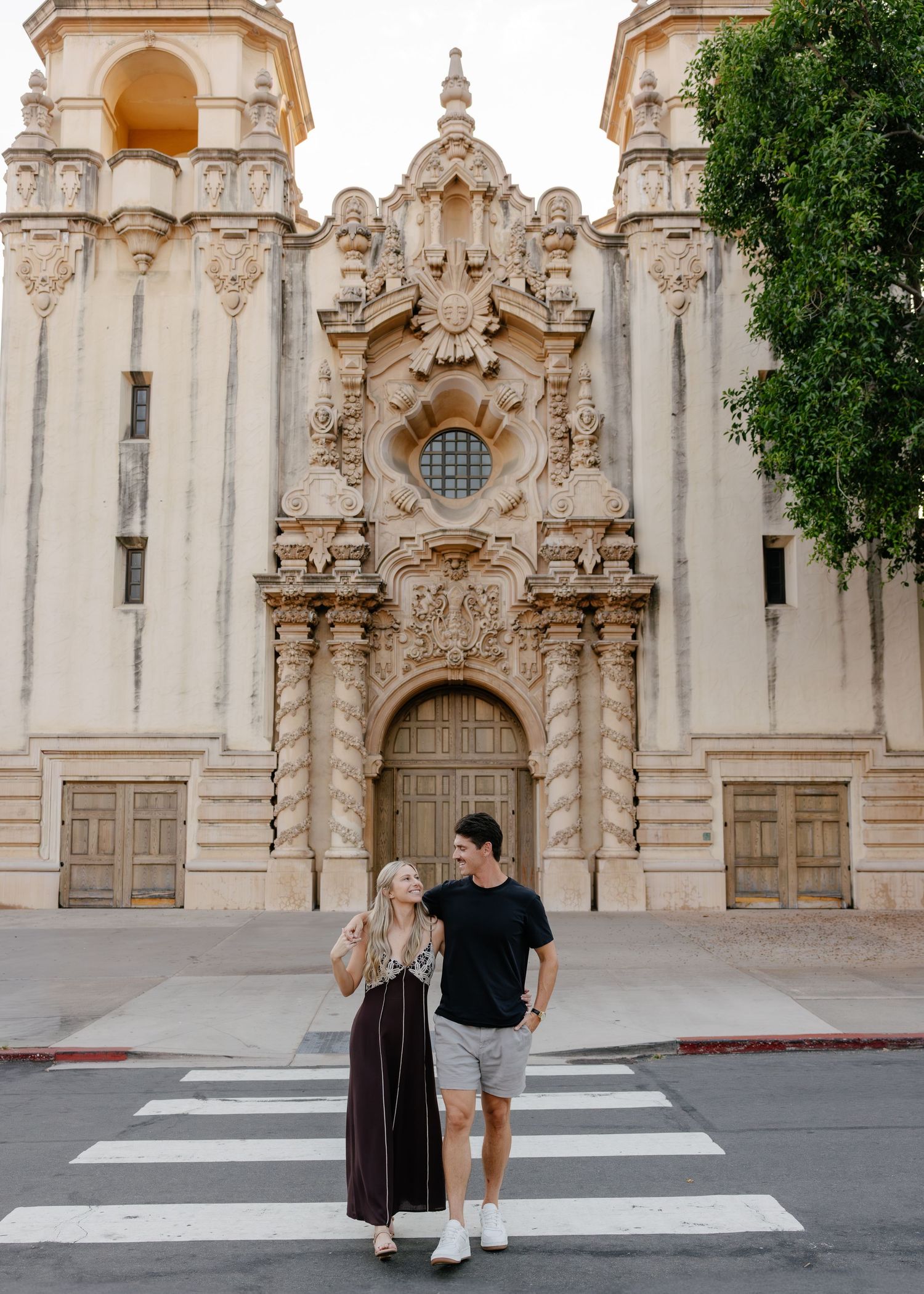 A series of photos showing people walking near an ornate Spanish colonial style church exterior.