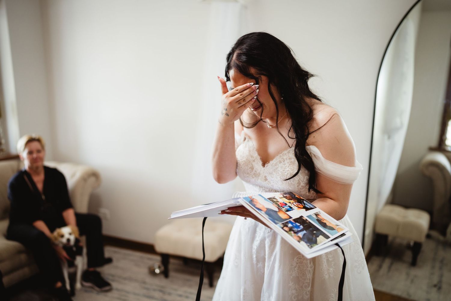 A bride and wedding party prepare for the ceremony in a bright white room with candid moments captured in sequence.