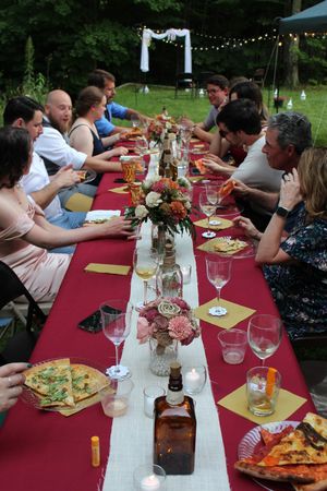 Candid photo of reception dinner during wedding photo session.