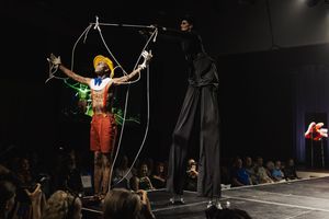 Circus performers in vibrant costumes demonstrate acrobatic wire walking routines on stage during live show.