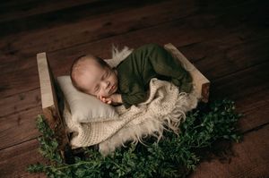 A sleeping baby rests in a wooden crate lined with cozy blankets and surrounded by green foliage on wooden floors.