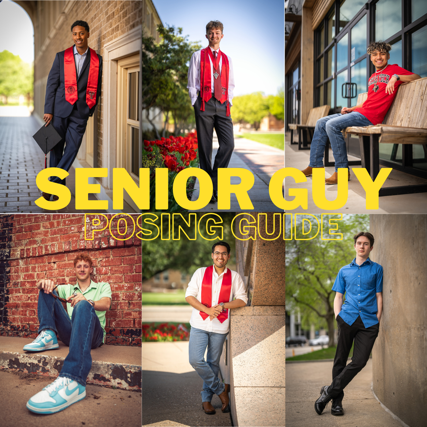 A collage of graduation photos showing casual poses outdoors with students in red stoles against brick and building backdrops.