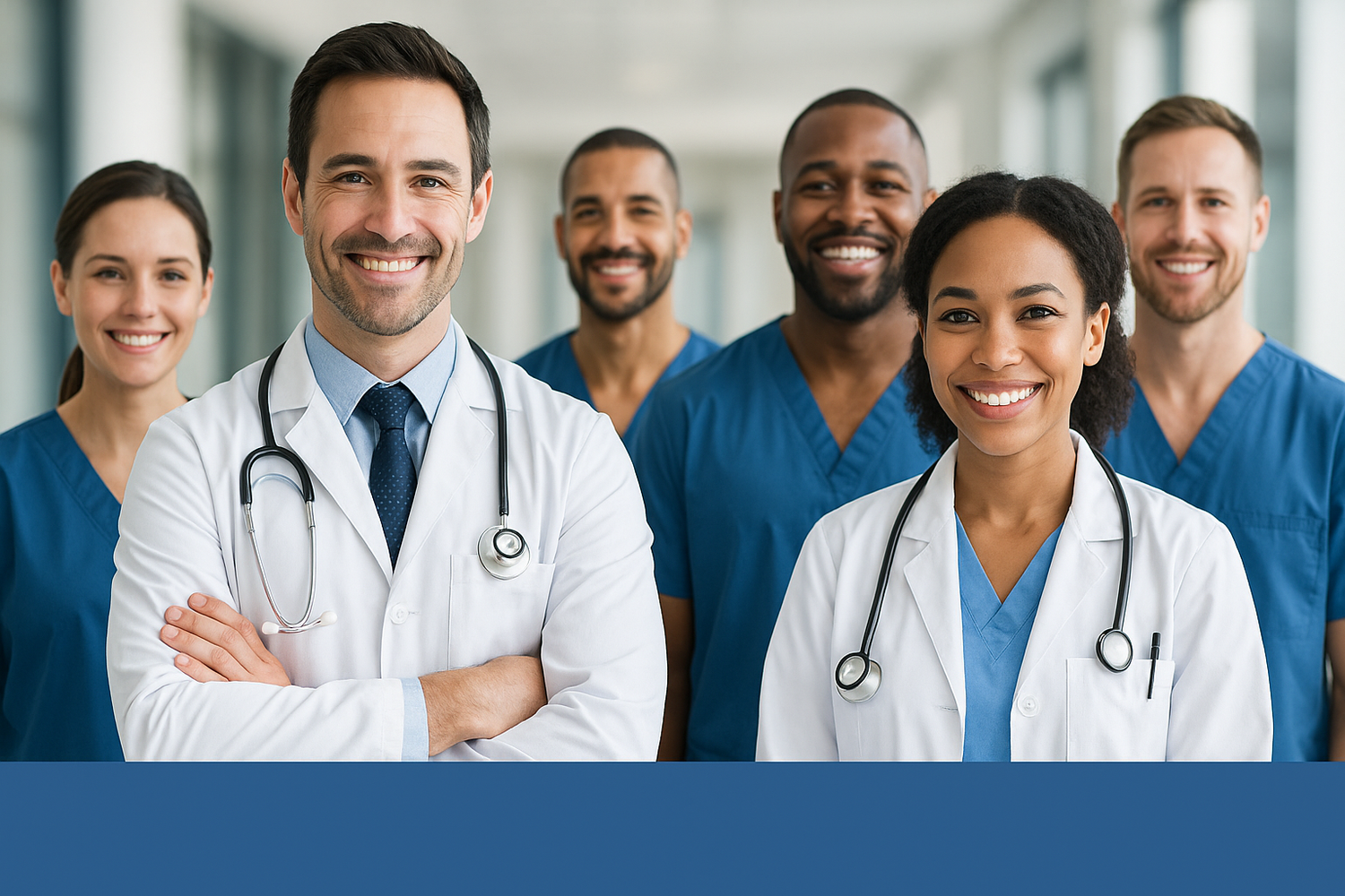 Healthcare professionals in blue and white uniforms standing together in a bright hospital hallway.