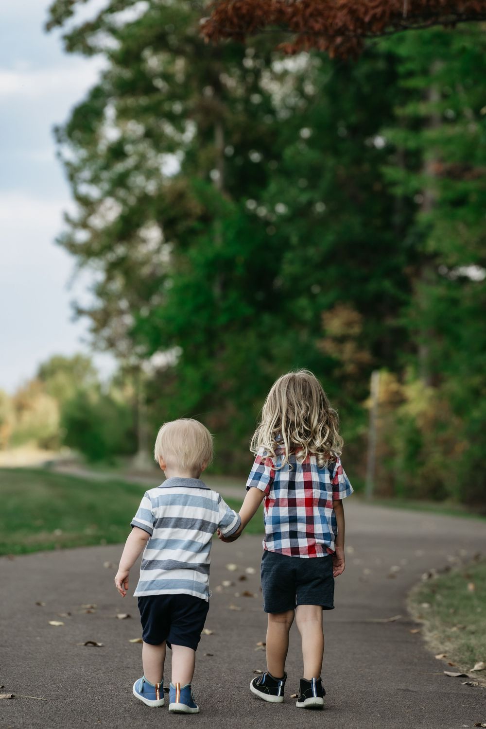 Two small children walk together down a paved path surrounded by green trees and foliage in Delaware, Ohio Family Photo Session