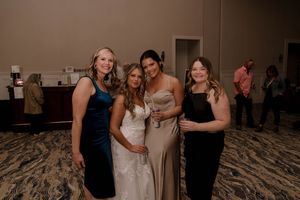 Wedding guests dancing and having fun at an indoor reception.