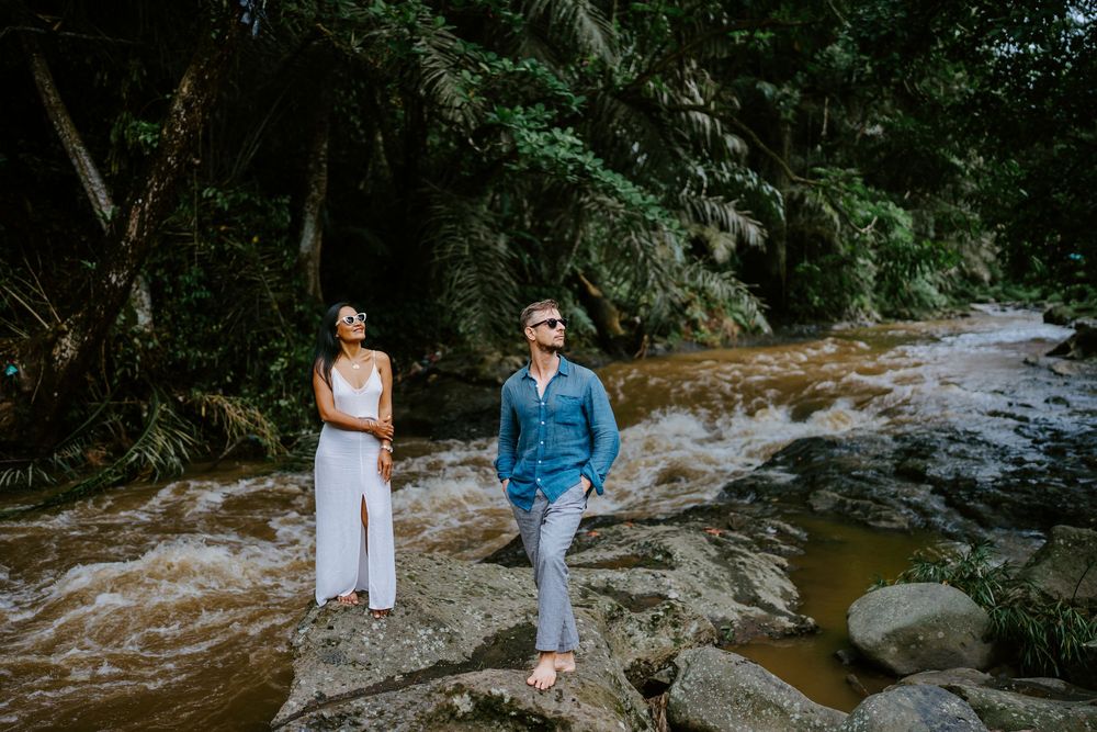 Romantic couple photography in Bali by a natural river Ubud