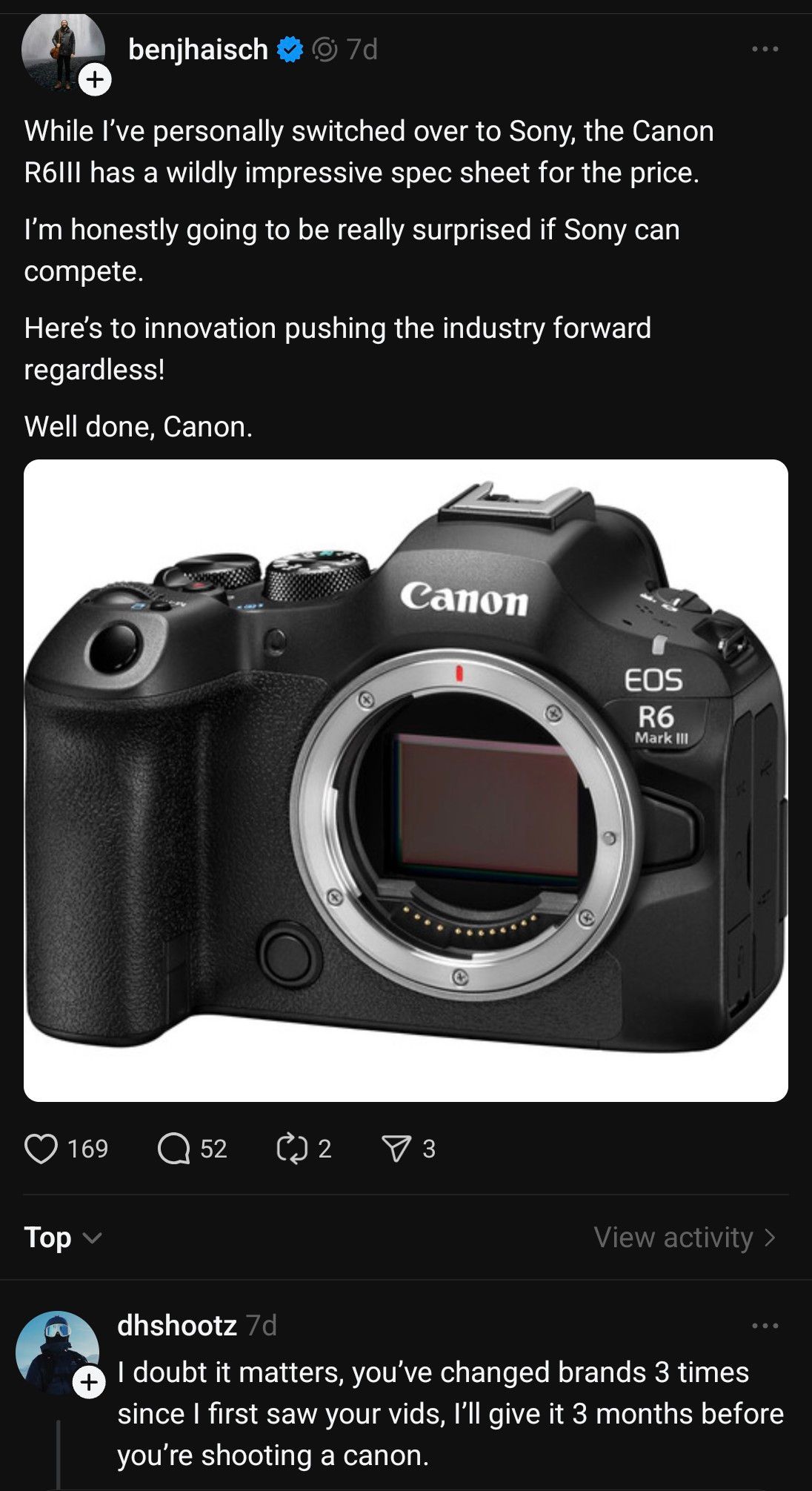 Black and white social media post showing Canon camera bodies with comments discussing switching between camera brands.