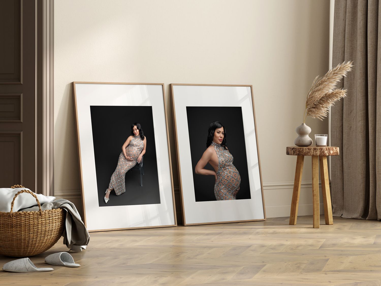 Framed maternity portraits displayed in a cozy room, photographed by a Denver maternity photographer.