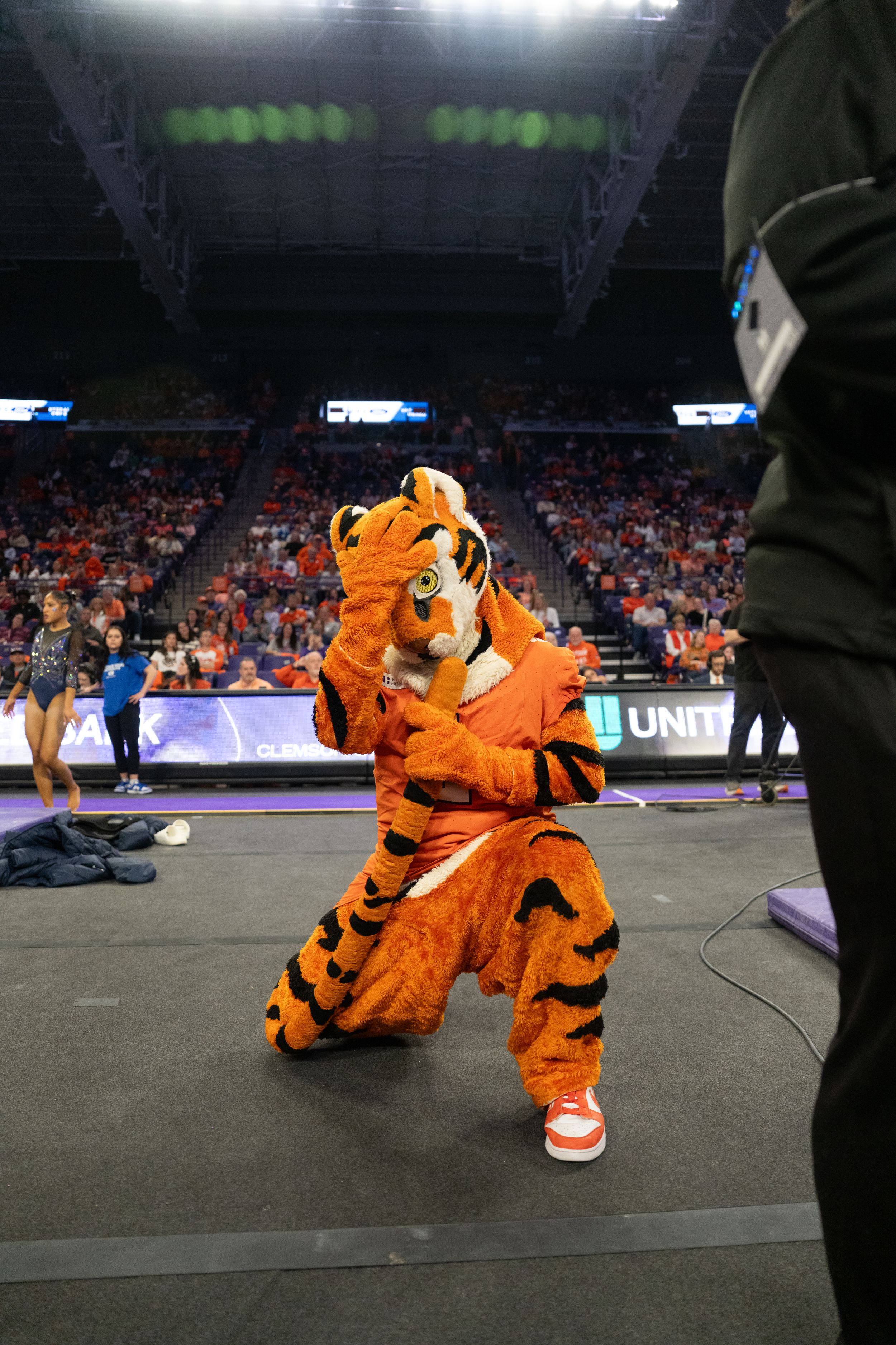 Tiger mascot in orange costume performs energetic pose on arena floor during packed stadium sporting event.