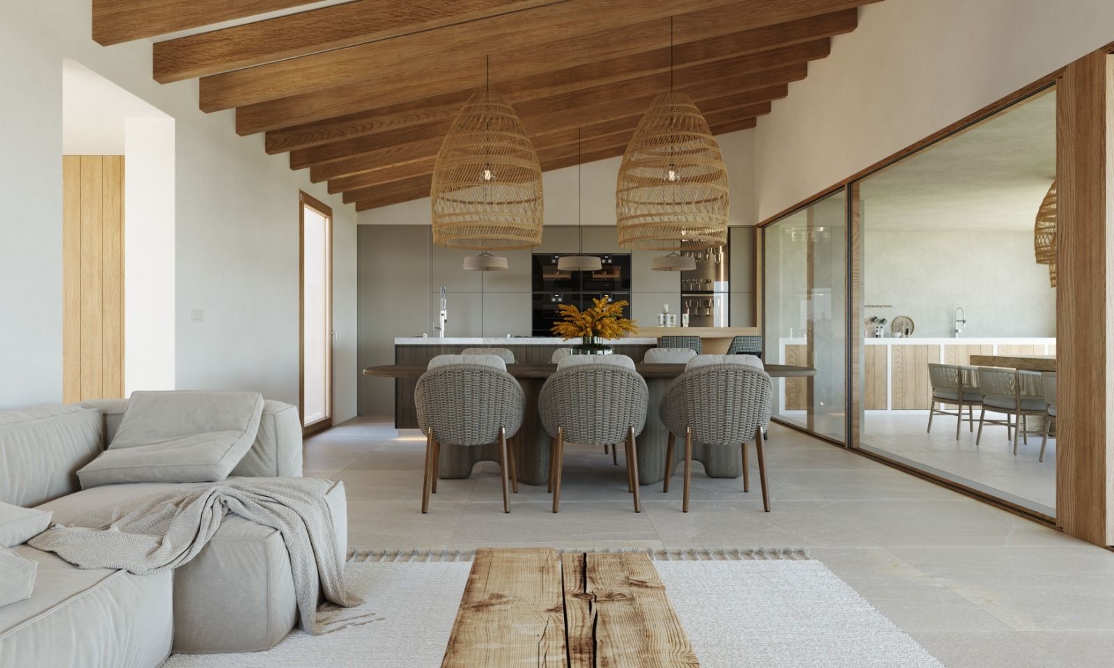 Modern minimalist living room interior with exposed wooden beams and floor-to-ceiling windows showcasing natural light.