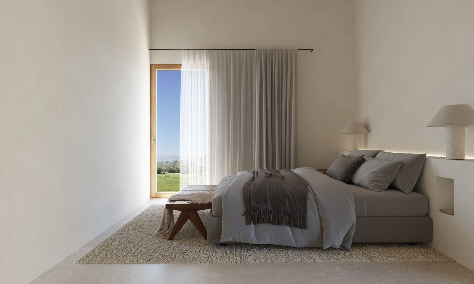 Modern minimalist bedroom interior with neutral tones, natural light, and floor-to-ceiling curtains.