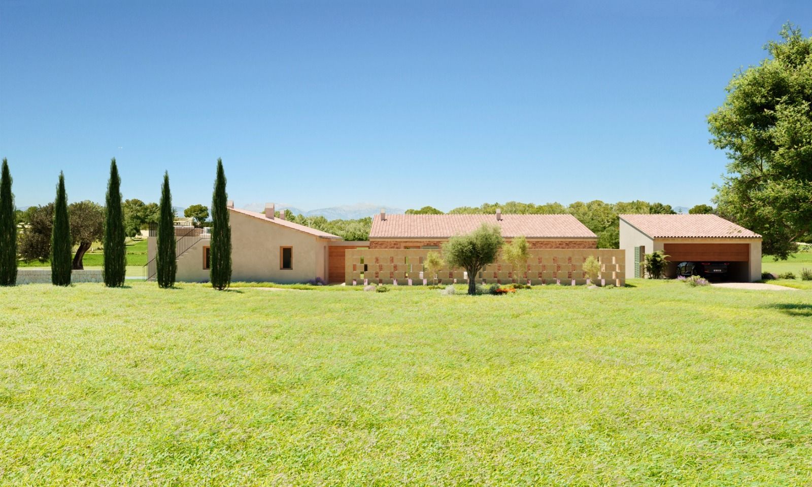 Panoramic view of a rustic countryside estate with cypress trees and rolling green hills in the distance.