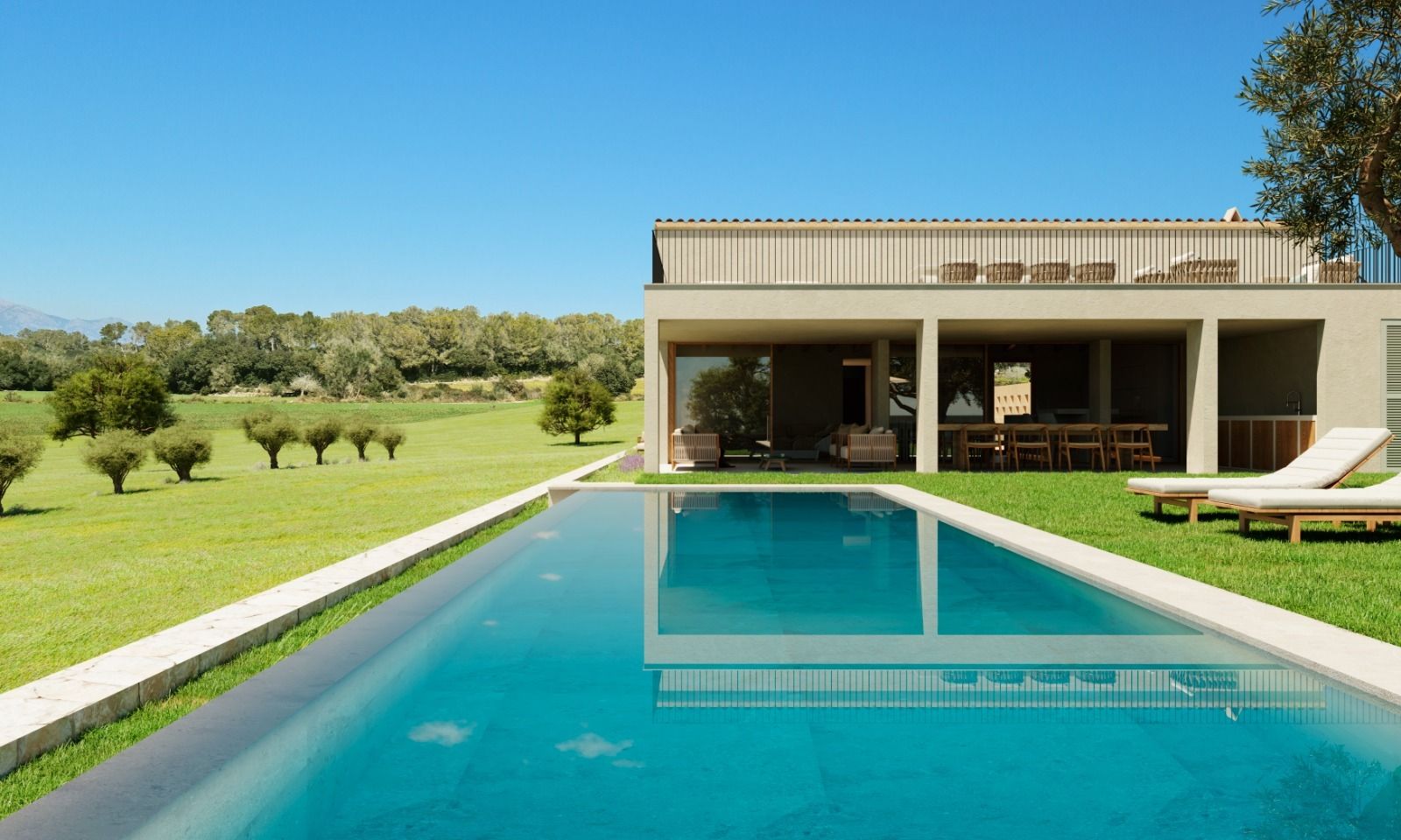 Luxury modern infinity pool with stone deck overlooking a scenic landscape of rolling hills and olive trees.