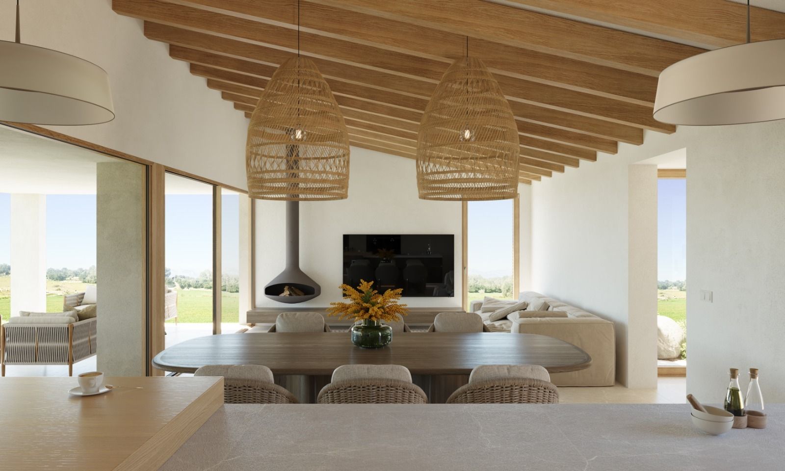 Modern open concept living room with exposed wooden beams, white walls, and large windows offering natural light.