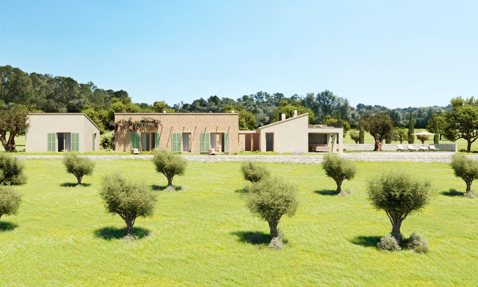 Modern villa resort buildings with flat roofs set on manicured lawn with evenly spaced olive trees in Mediterranean setting.
