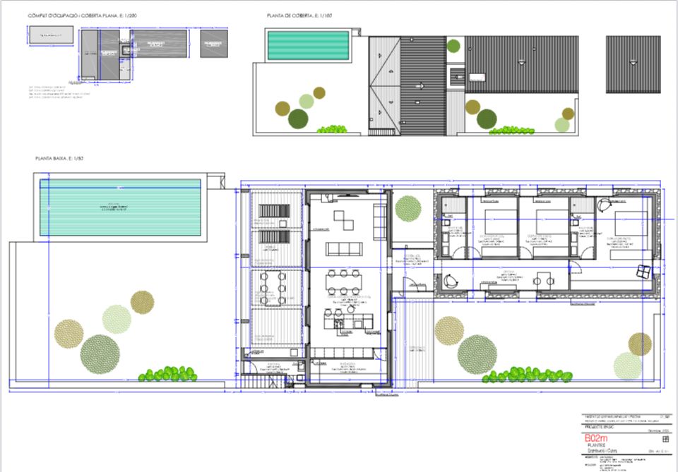 Architectural floor plan and site layout showing residential design with swimming pool, landscaping, and detailed room layouts.