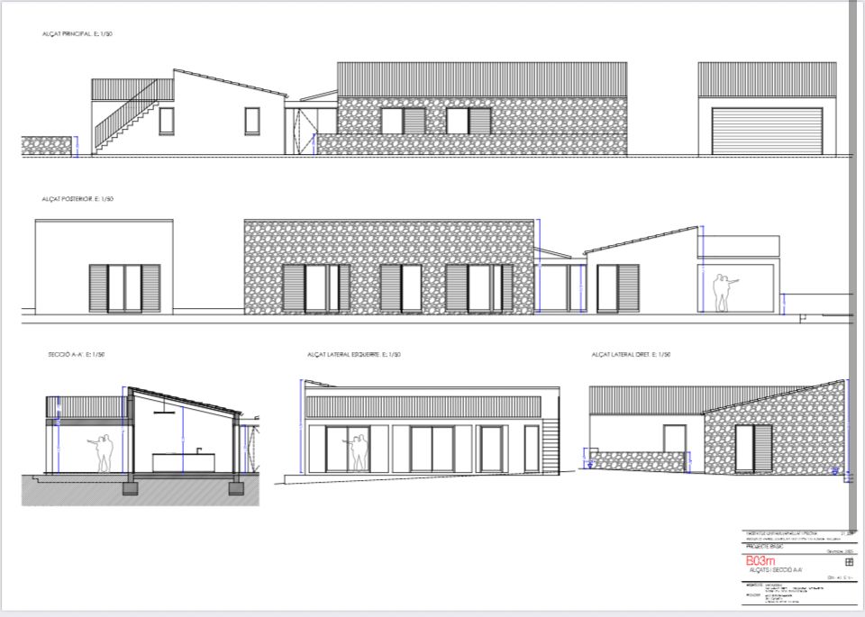 Architectural elevation drawings showing multiple views of a modern residential building with detailed dimensions and measurements.
