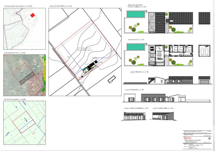 Architectural drawings showing site plans, floor layouts, and elevation details for a building project with landscaping elements.