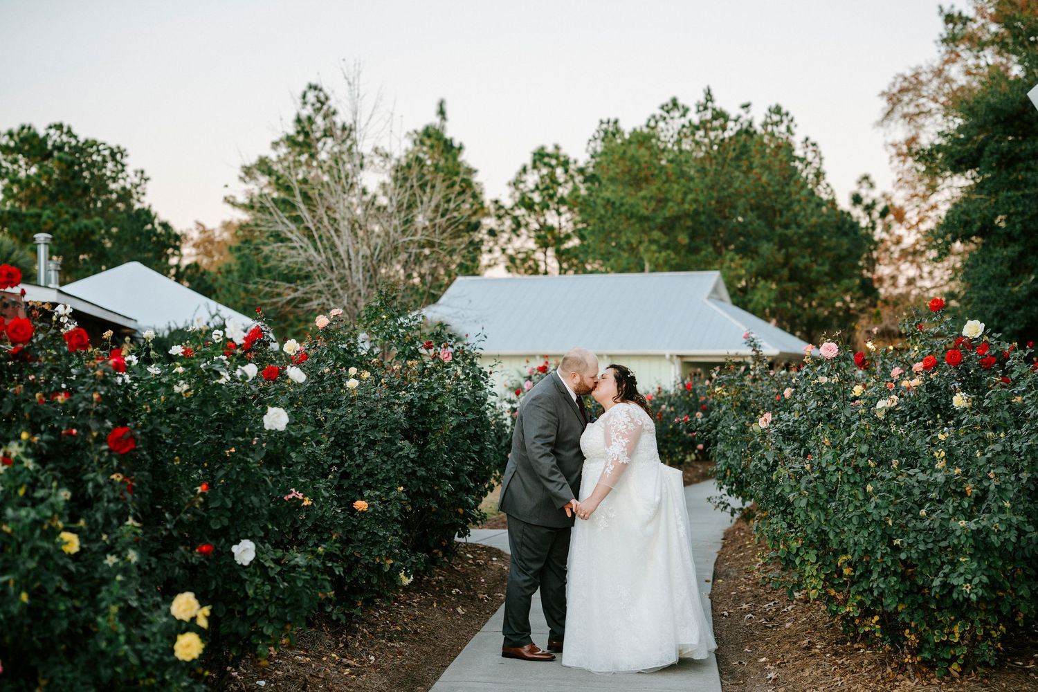 Wedding couple shares intimate moments in a lush garden filled with blooming roses at sunset.