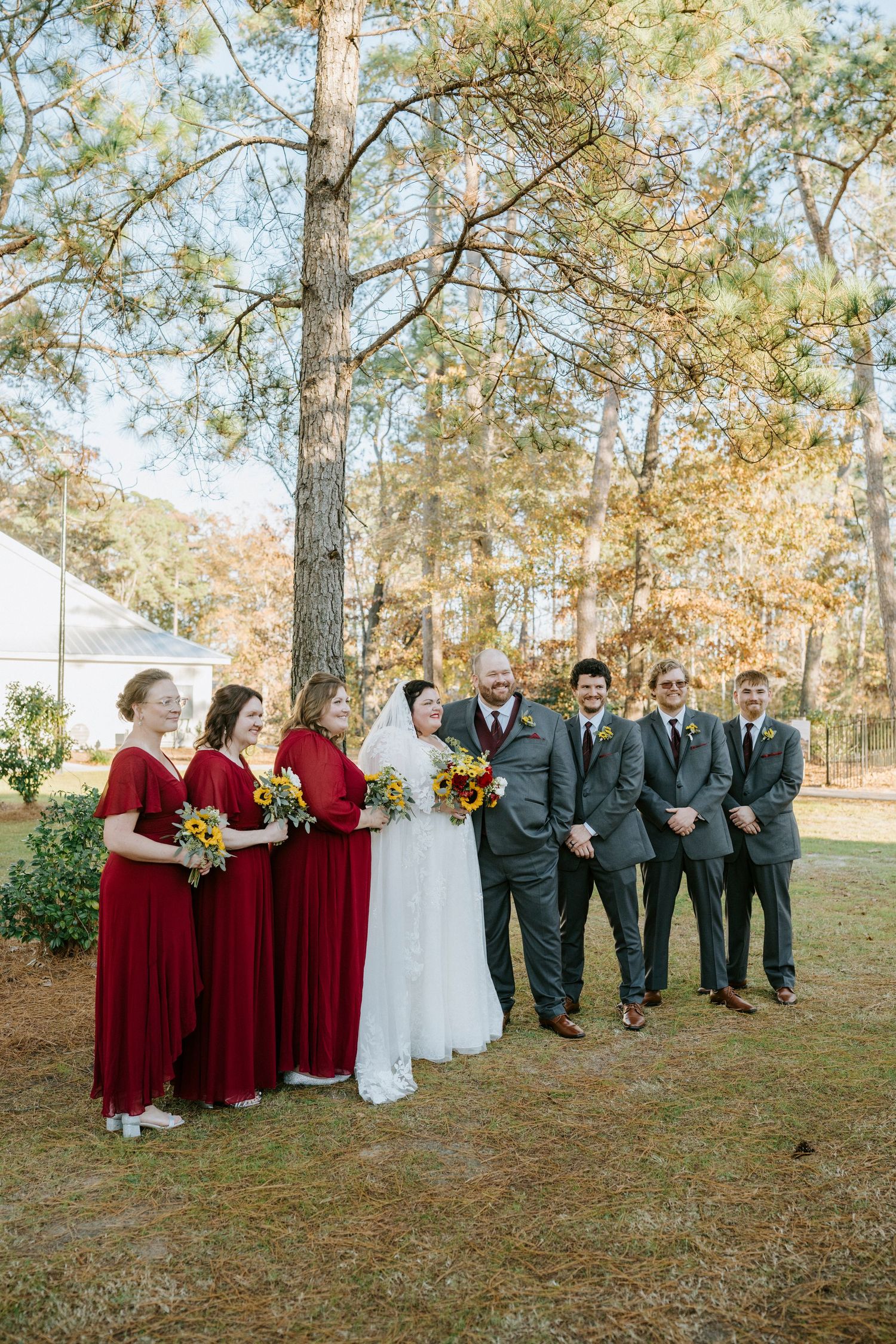 Wedding party in burgundy dresses and gray suits poses outdoors among tall pine trees on a sunny autumn day.