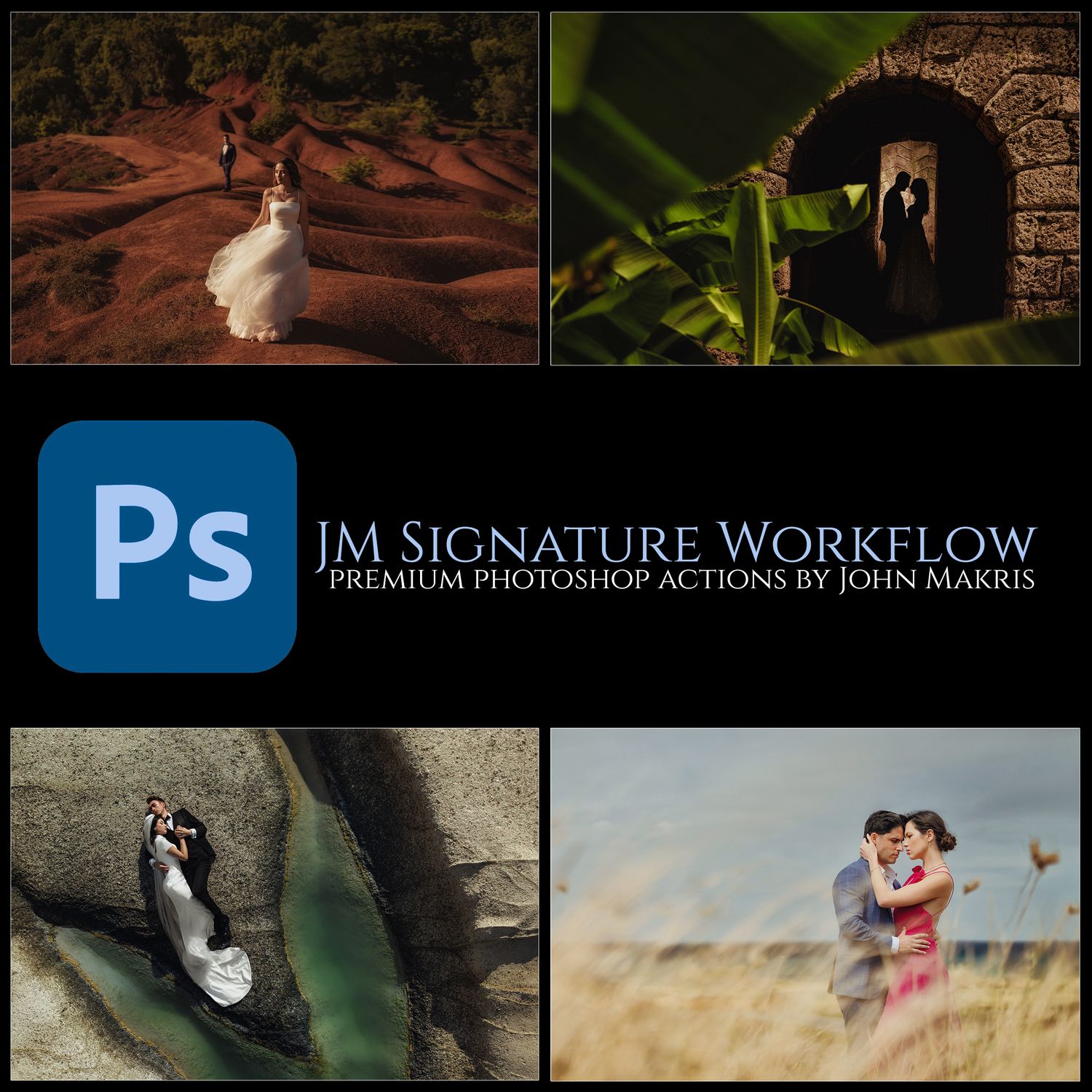 Collection of wedding photography Photoshop actions showing various editing styles and effects for professional results.