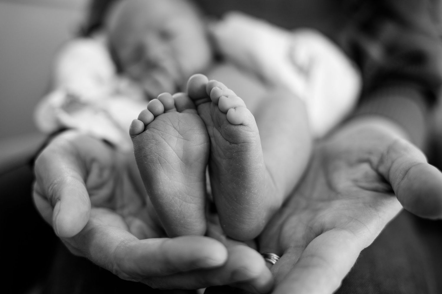 Black and white close-up shot of tiny baby feet cradled in an adult's hands.