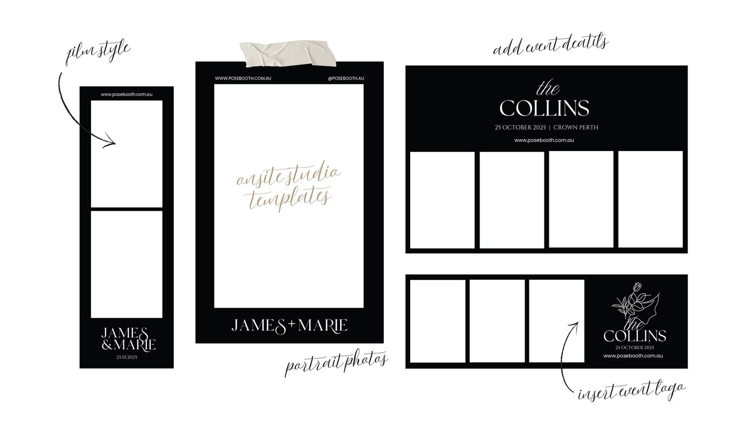 Minimalist black and white business mockup collection with clipboards and brand identity elements.