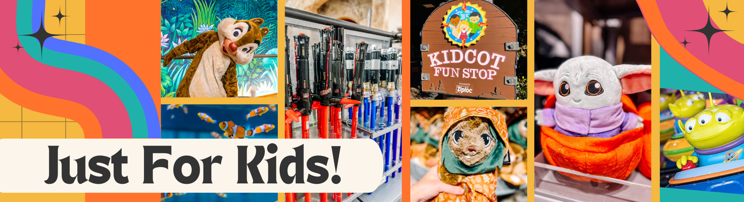 A colorful animated banner featuring popular cartoon characters, toy images and text reading 'Just For Kids'.