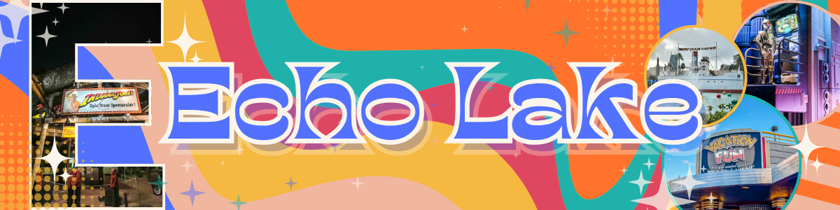 Retro-style Echo Lake banner with colorful geometric patterns and vintage design elements.