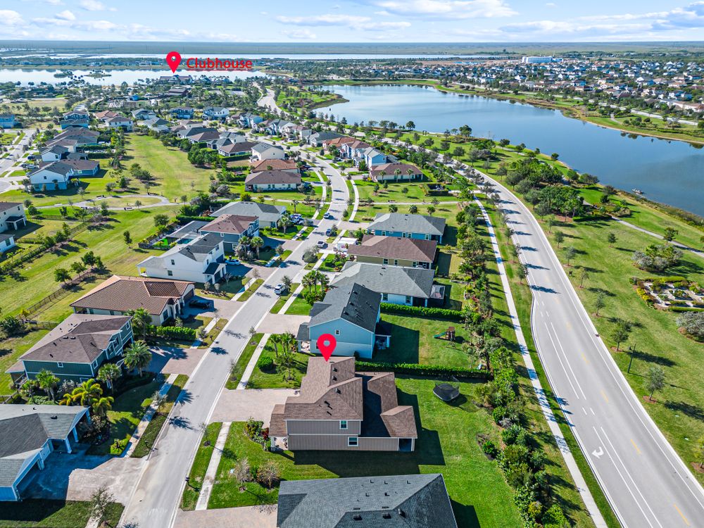 Aerial view of clubhouse and the house proximity in Arden captured with drone photography