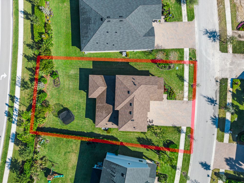 Real estate aerial bird's eye view shot with highlighted property lines for a listing in Arden