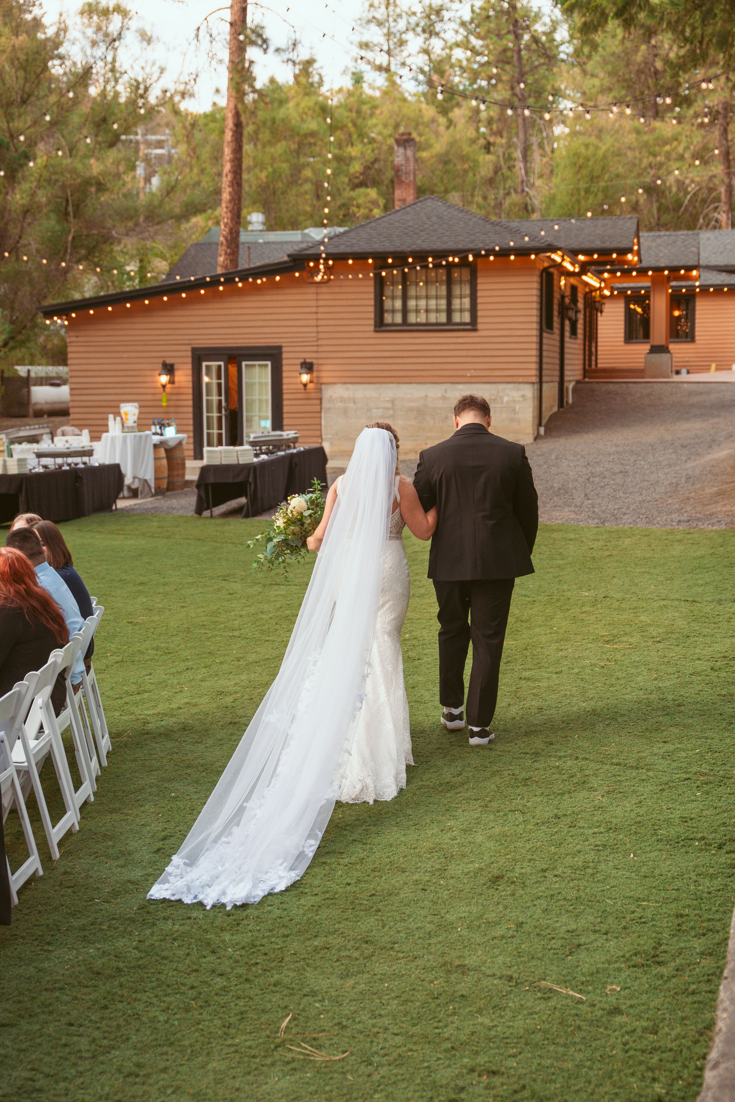 A sequence of photos showing a flowing white wedding dress veil caught in a gentle breeze on a grassy lawn.