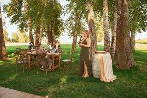 Wedding celebration in a scenic birch grove with rustic wooden tables and chairs.