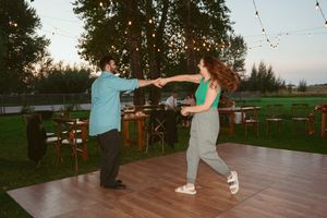 Outdoor yoga sequence showing stretching poses on a wooden deck at sunset with trees in the background.