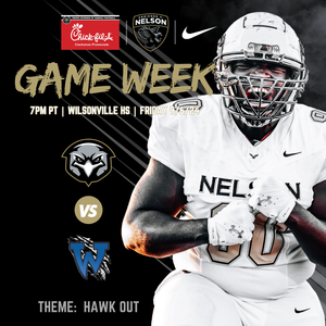 Game week promotional sports graphic featuring a football player in white Nike uniform against dark background.