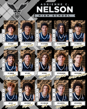 A high school yearbook photo collage showing multiple headshots of students in matching blue and white varsity athletic uniforms.