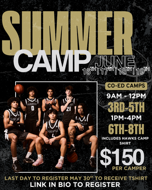 Basketball summer camp promotional flyer with team photo, dates June 16-19, co-ed sessions and registration details against black.