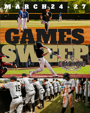 Baseball collage showing a batter swinging at the plate and dugout players in pinstripe uniforms for a March 24-27 games event.
