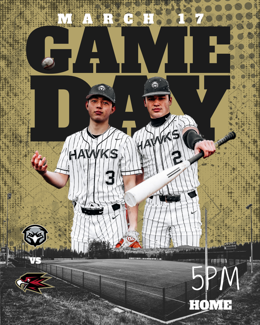 Baseball game day promotional image for Hawks team showing two players in pinstriped uniforms against a textured gold background.