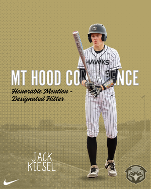 Baseball player in striped Hawks uniform holds bat against sepia-toned background with Mt Hood Conference text overlay.