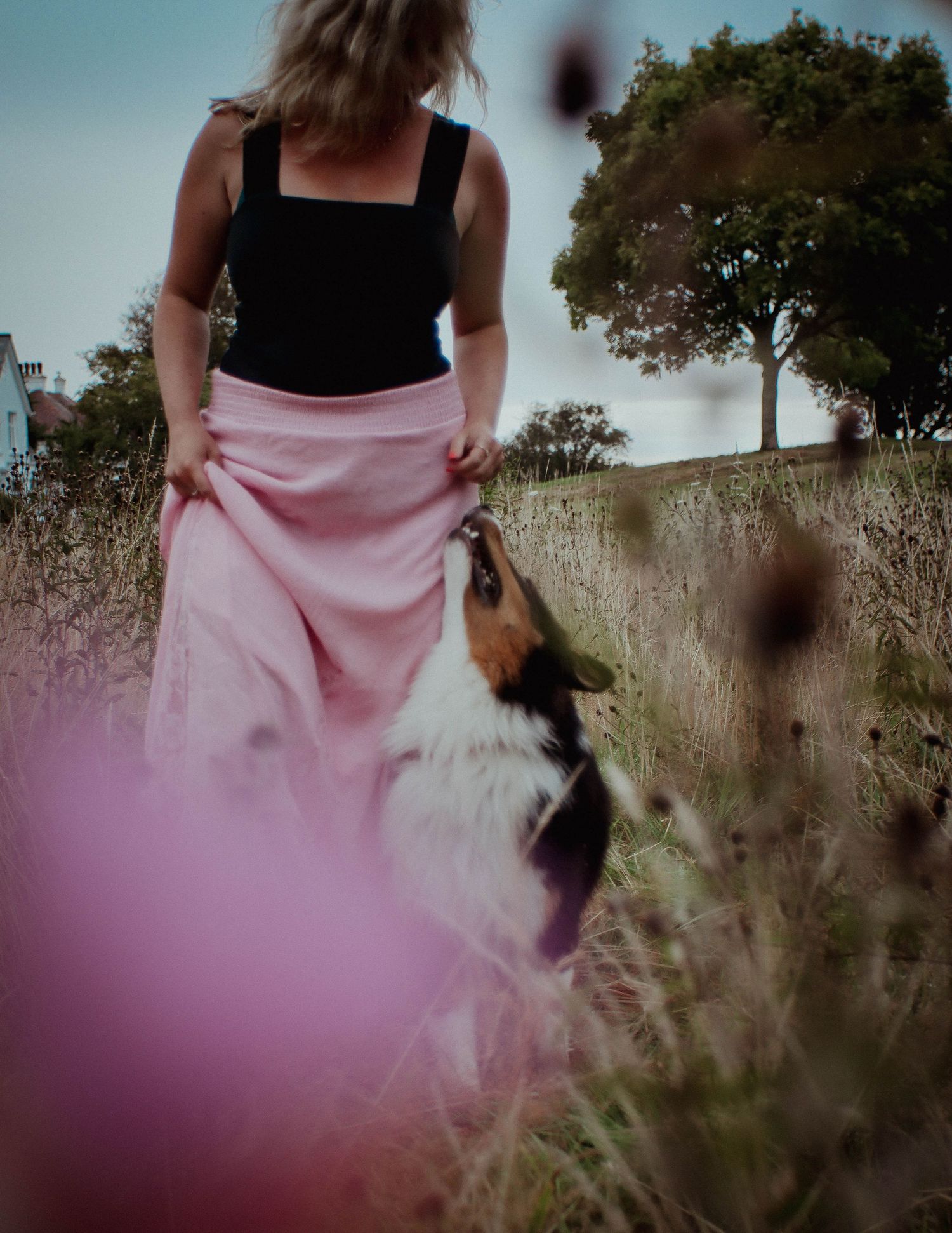 A black and pink dress twirls gracefully through tall grass in a sun-drenched meadow at golden hour.