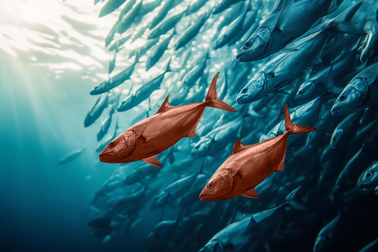 Colorful origami paper fish swim in formation against a light blue background creating an artistic gradient pattern.