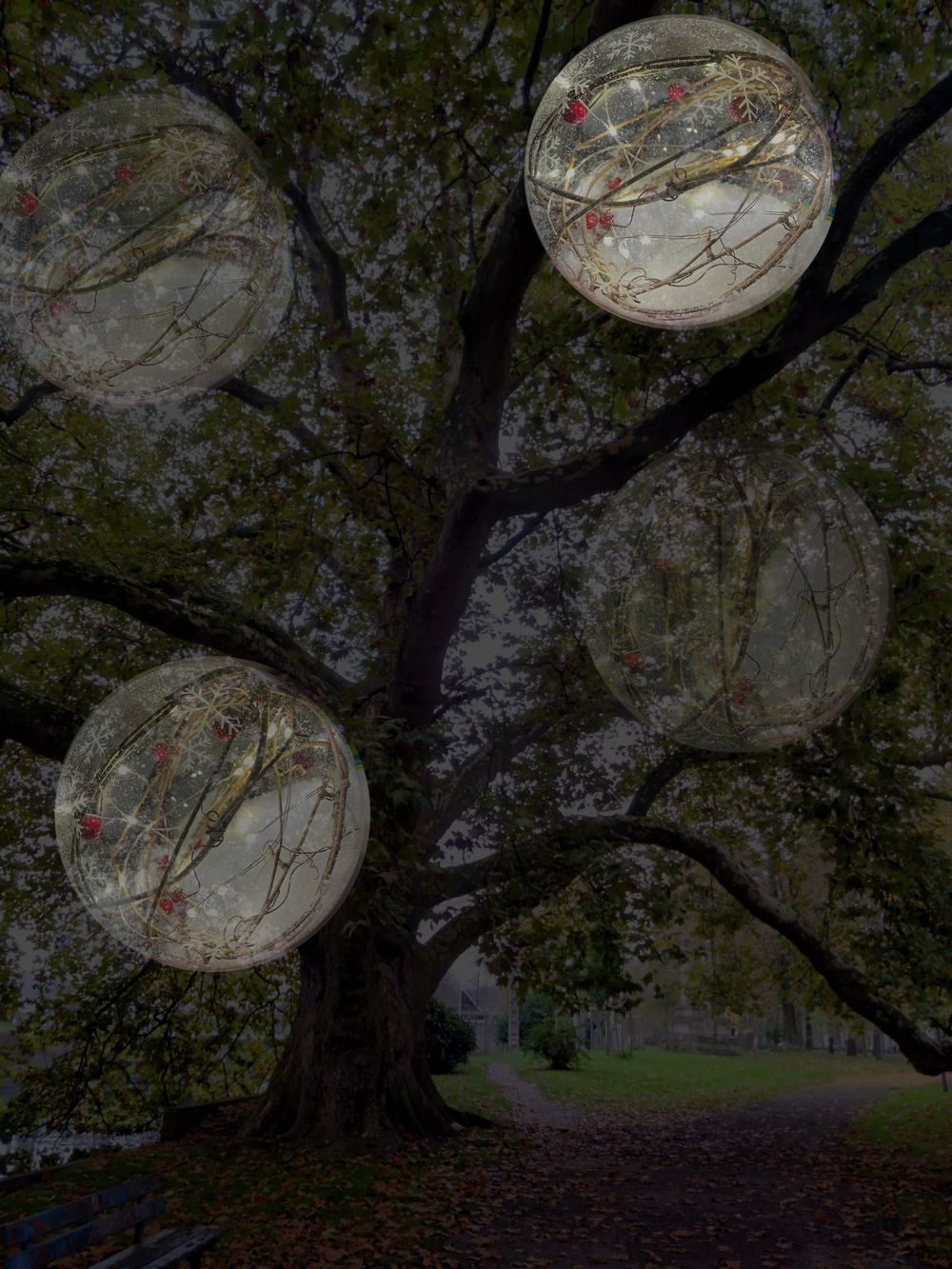 Glowing orbs with abstract red patterns float mysteriously among dark tree branches in a moody nighttime park scene.