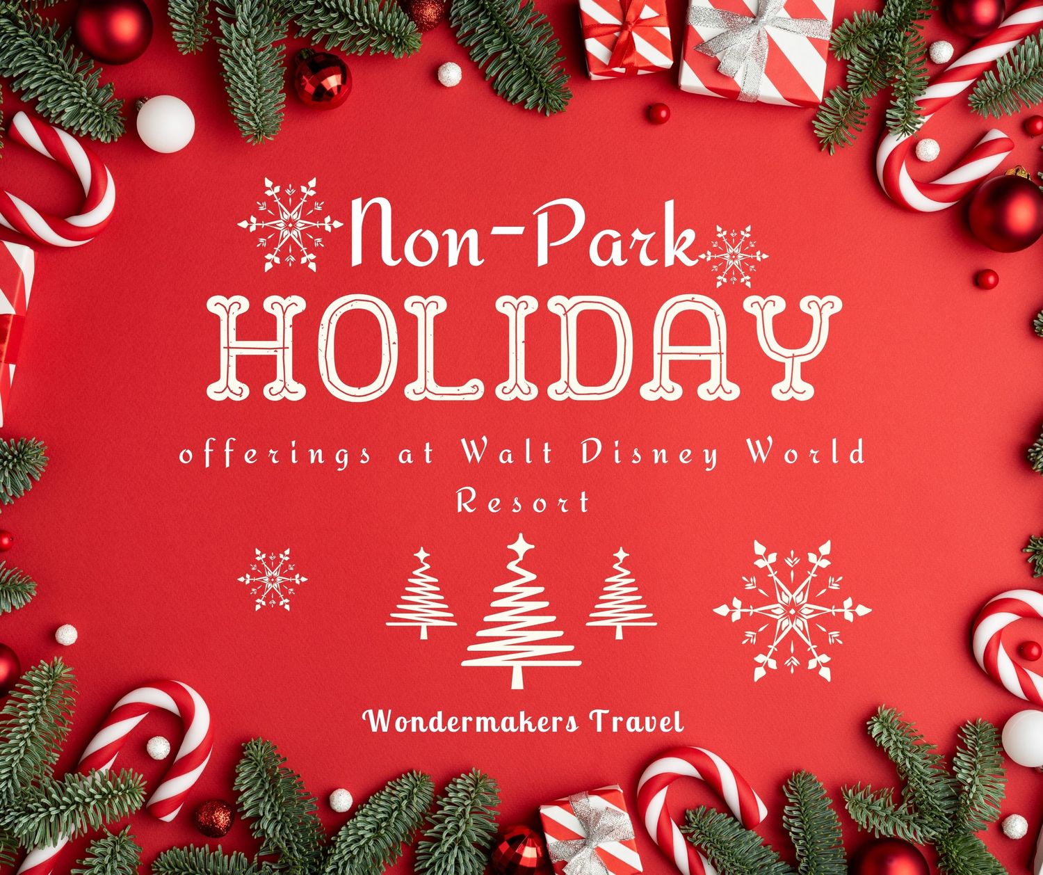 Holiday themed graphic with pine branches and candy canes framing text on red background.